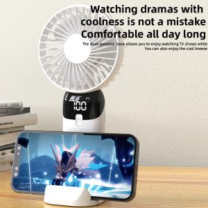 5-Speed Silent Handheld Fan with Phone Holder Desk Stand Battery Display - Ultra Portable Personal Cooling Fan